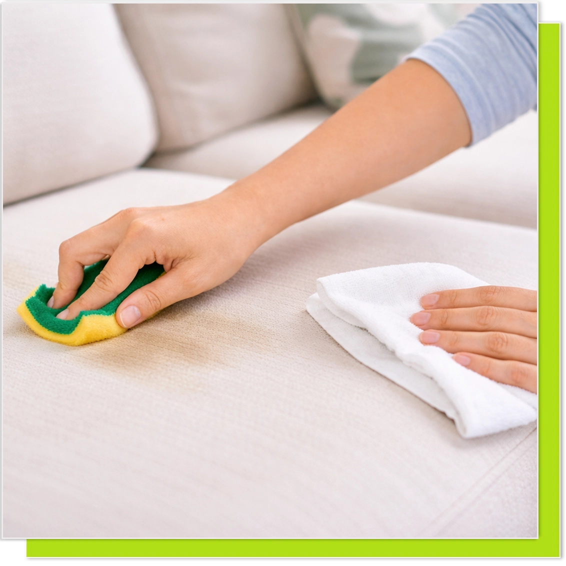 Manual spot cleaning of a white sofa using a sponge and microfiber cloth