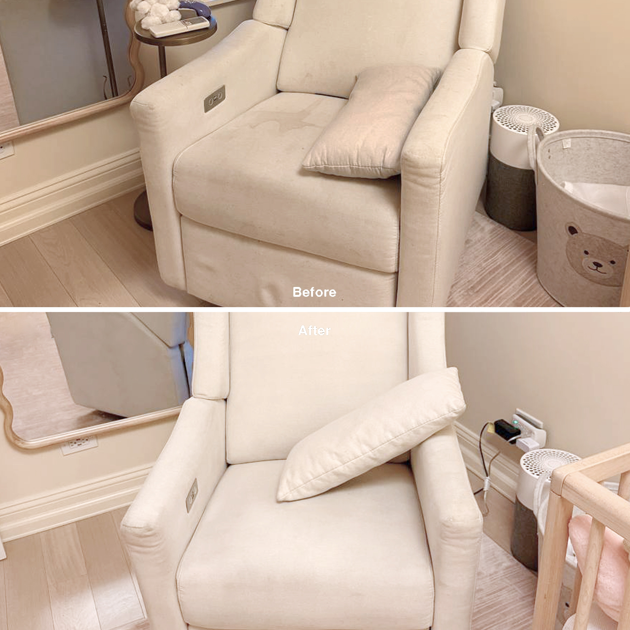 Cream upholstered armchair before and after professional cleaning, showing removal of a dark seat stain