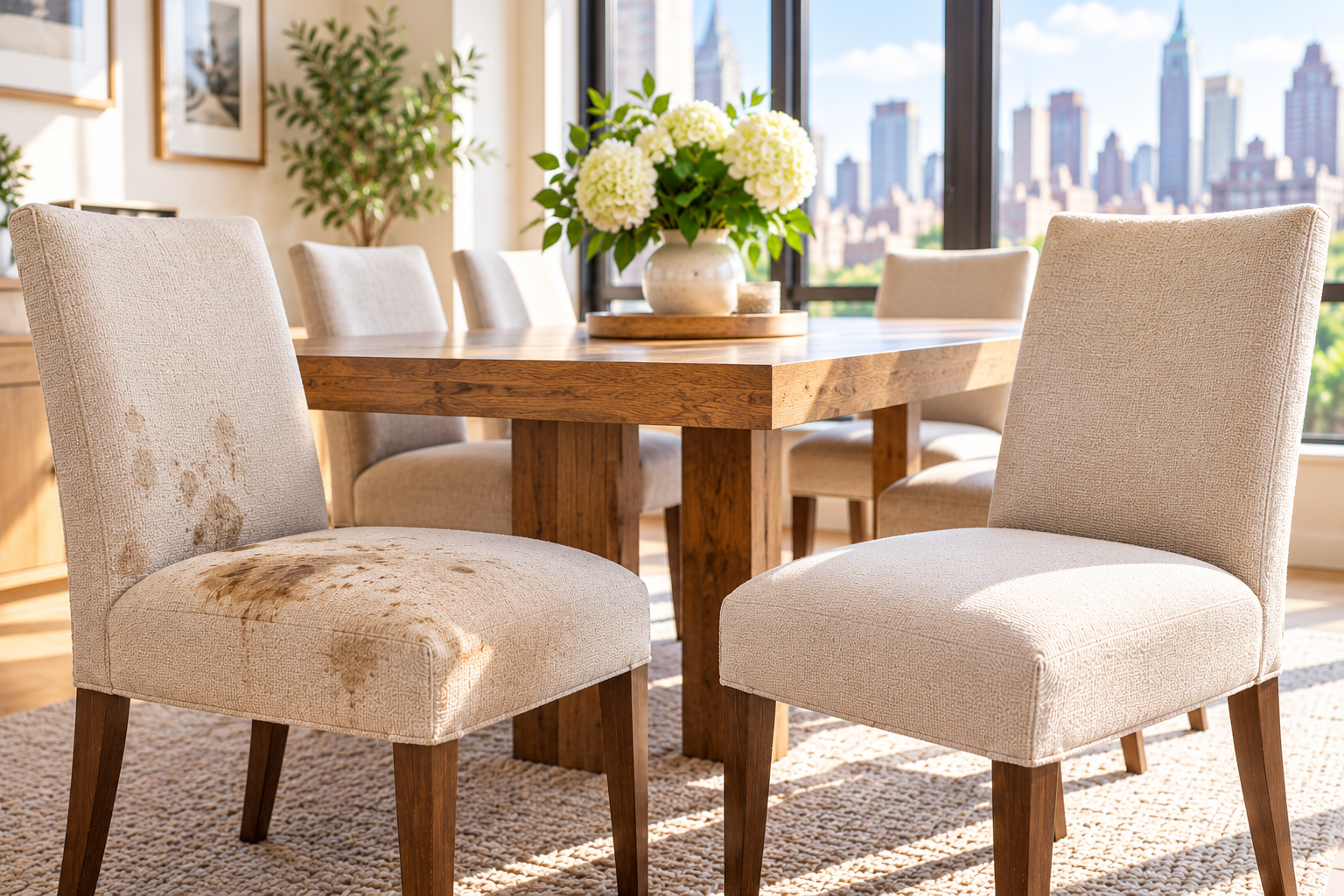 YourCleanCouch technician professionally cleaning an upholstered dining chair in a NYC apartment