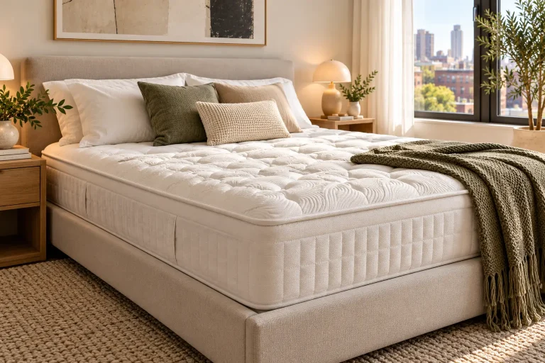 Cream quilted mattress in a sunlit modern New York bedroom