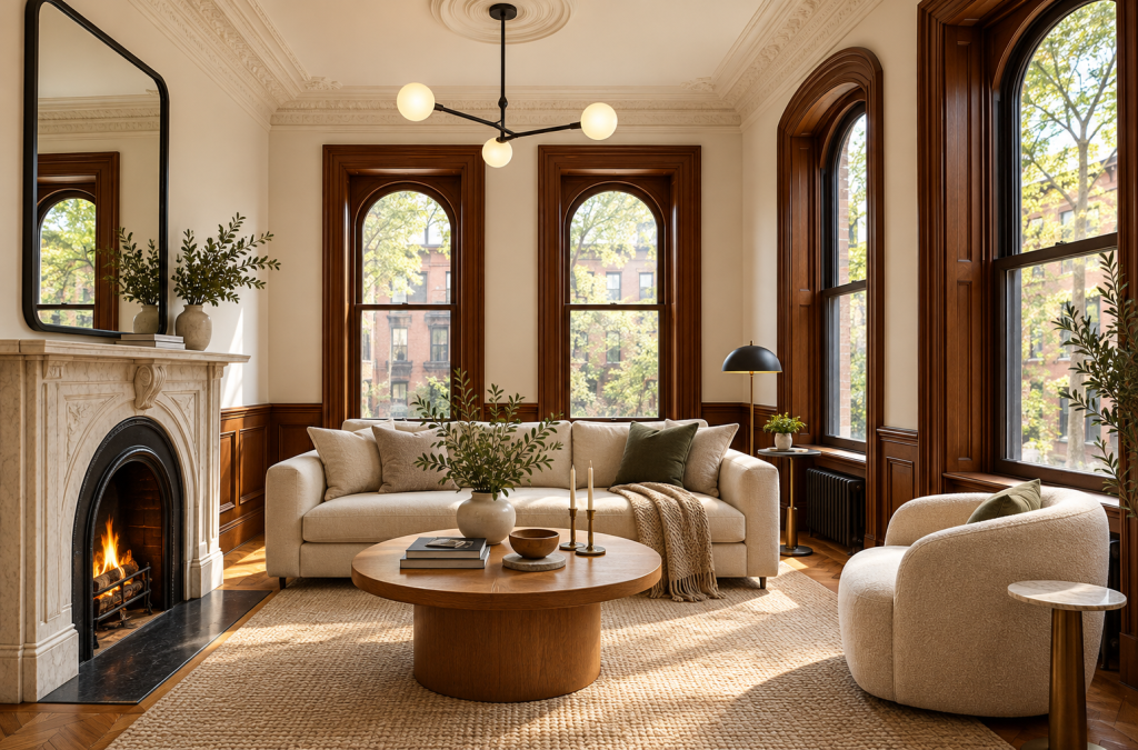 Elegant cream upholstered sofa in a sunlit apartment