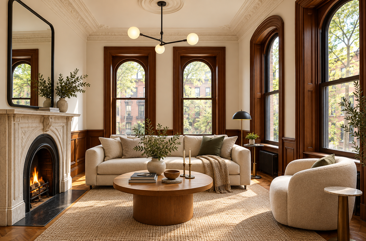 Elegant cream upholstered sofa in a sunlit apartment