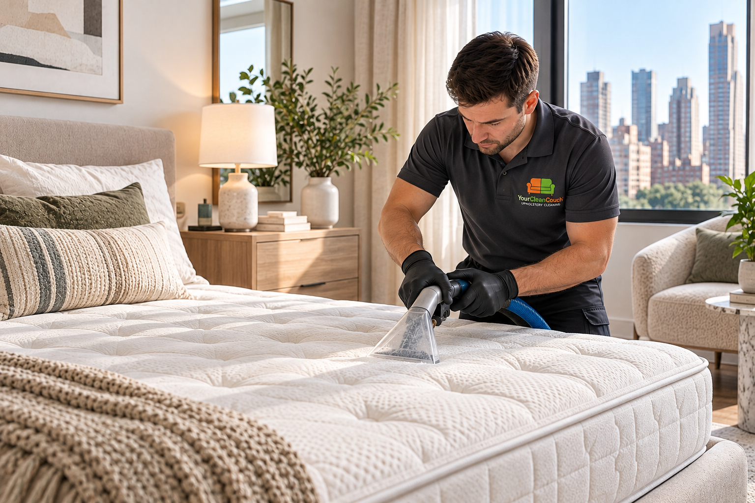 Professional upholstery cleaning technician working on a sofa