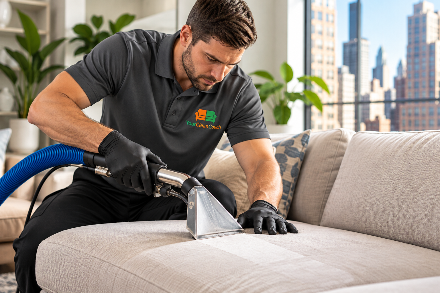 Professional upholstery cleaning in a bright New York apartment