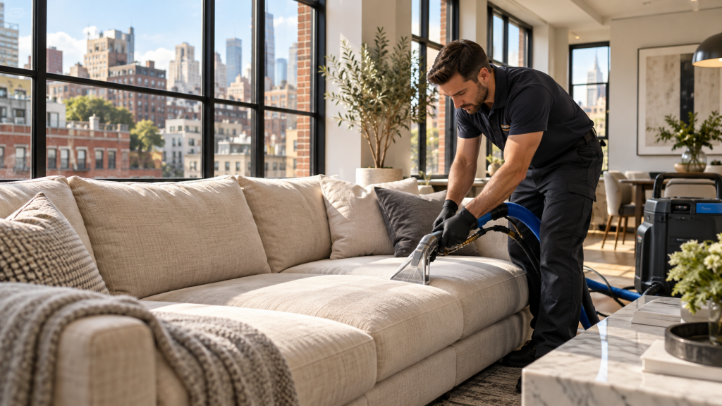 Professional upholstery cleaning of a sofa in a bright New York City living room