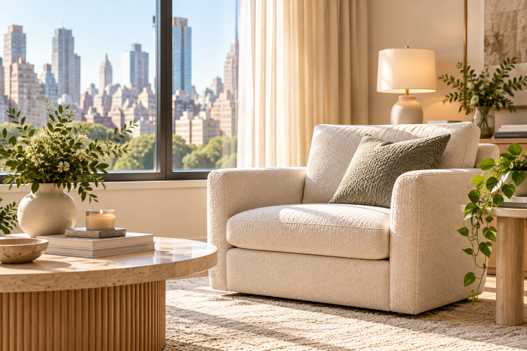 Upholstered accent armchair in a sunlit interior