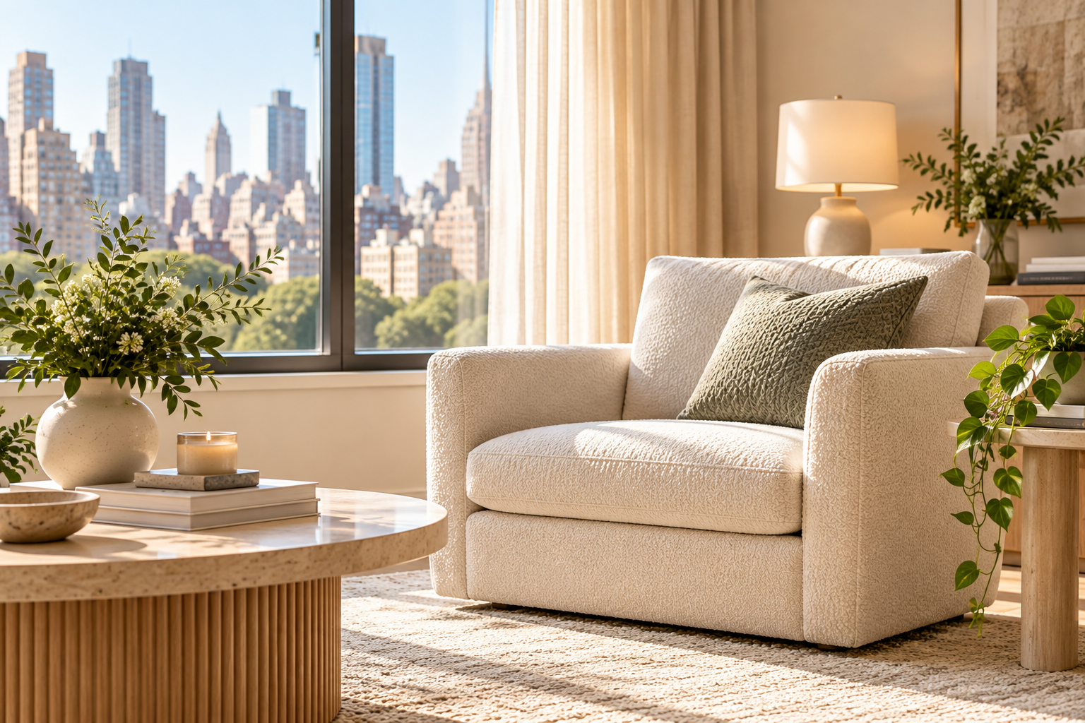 Bright living room with a clean upholstered sofa