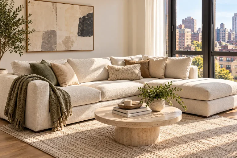 Beige L-shaped sectional sofa with chaise in a bright city apartment