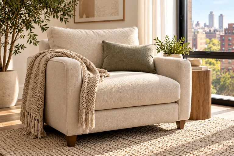 Cream upholstered armchair beside a New York apartment window