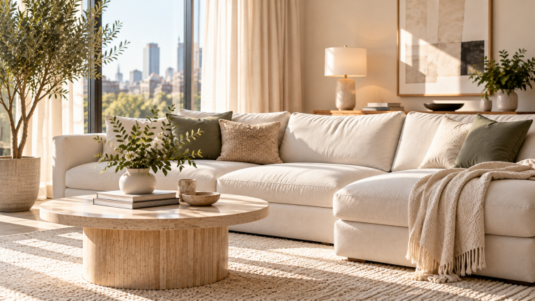 Cream sofa in bright Brooklyn-style living room