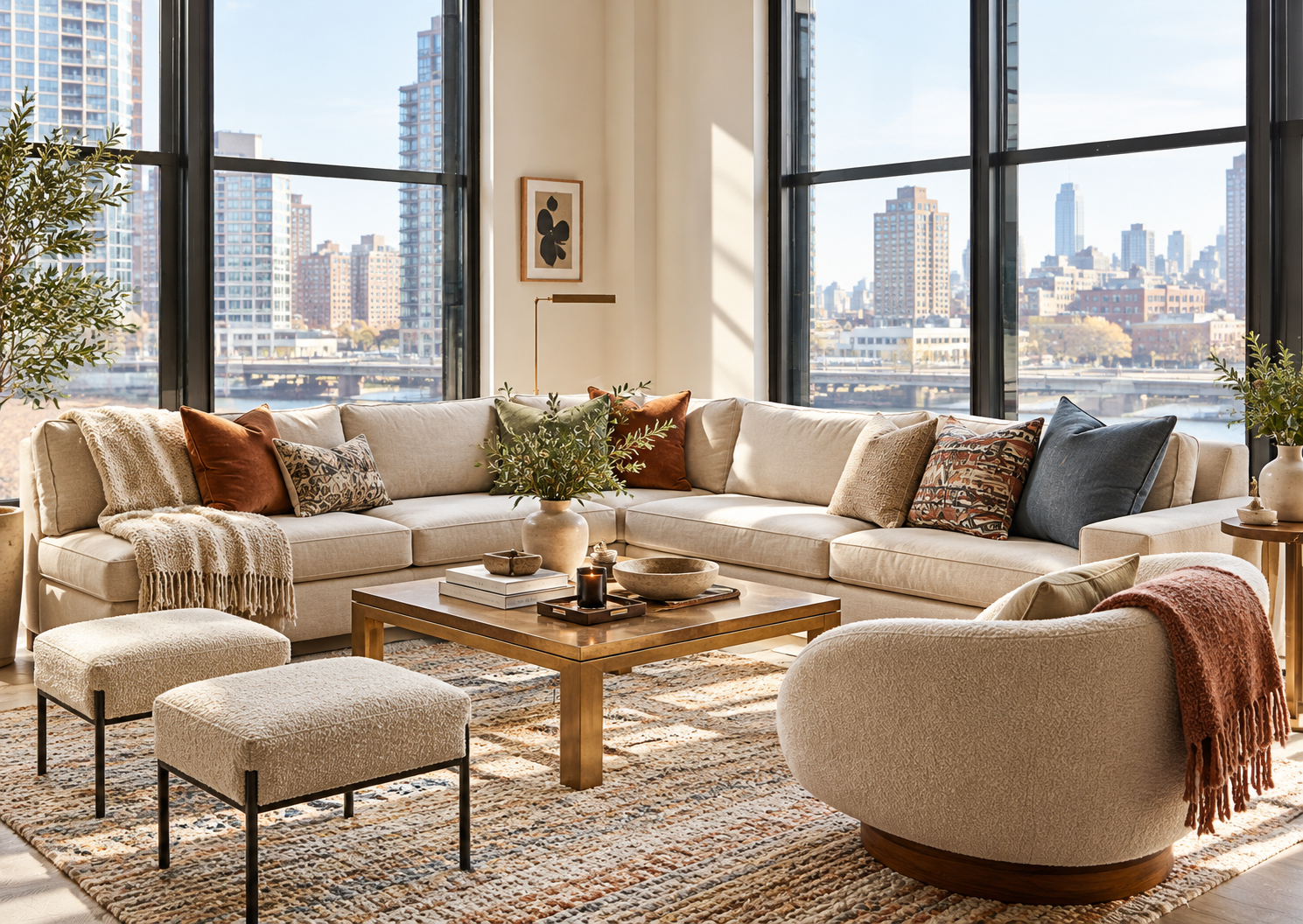 Sectional couch in a sunlit modern apartment