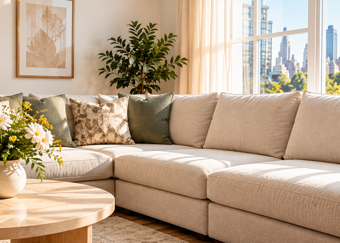 Light neutral sofa in a bright Chelsea-style living room