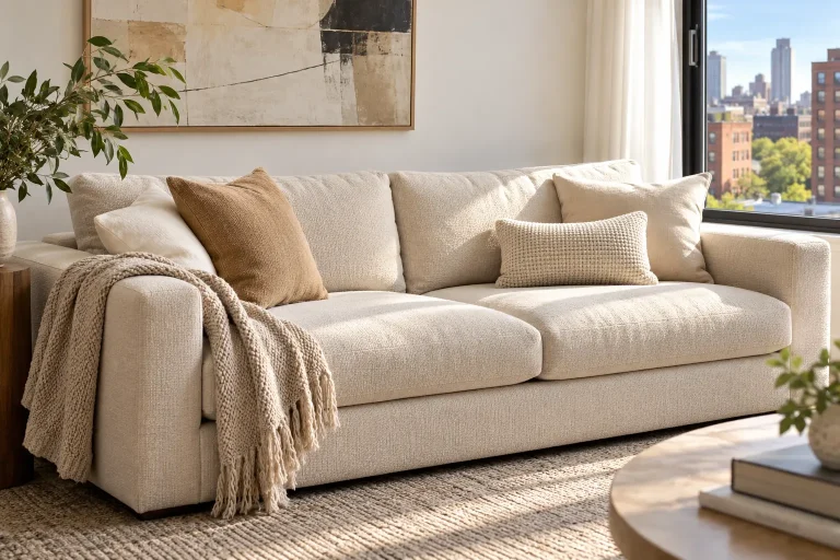 Sunlit neutral upholstered sofa in a New York apartment