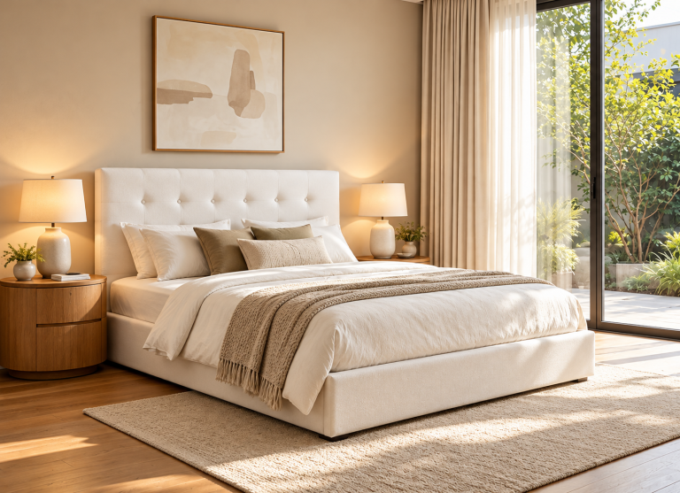 Upholstered bed and mattress in a modern bedroom
