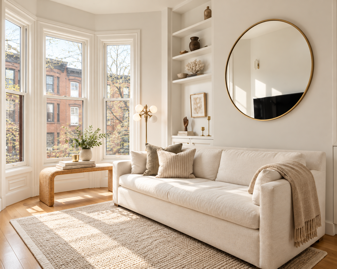 Comfortable upholstered sofa in a bright living room